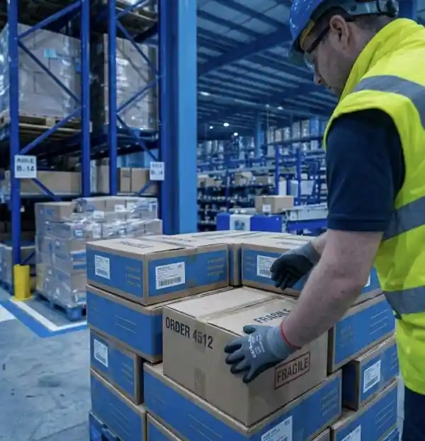 Warehouse operative stacking and organising parcels for dispatch